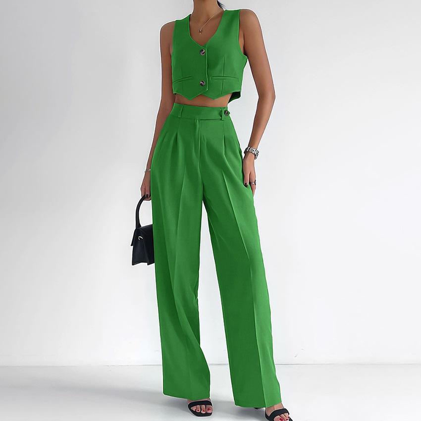 European and American commuter green short sleeveless vest trousers two-piece set autumn 1116 design cotton and linen set