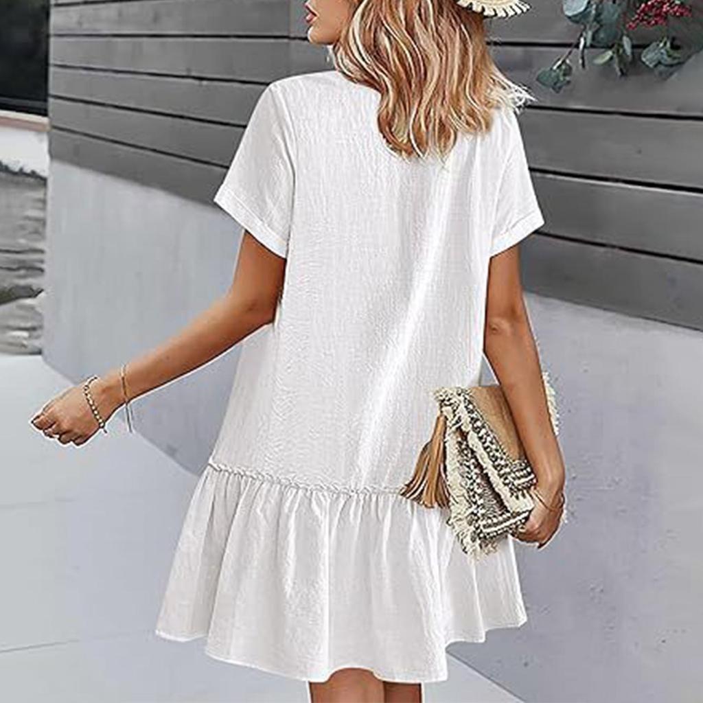 Женское повседневное однотонное свободное платье с v-образным вырезом и пуговицами с короткими рукавами и рюшами по подолу