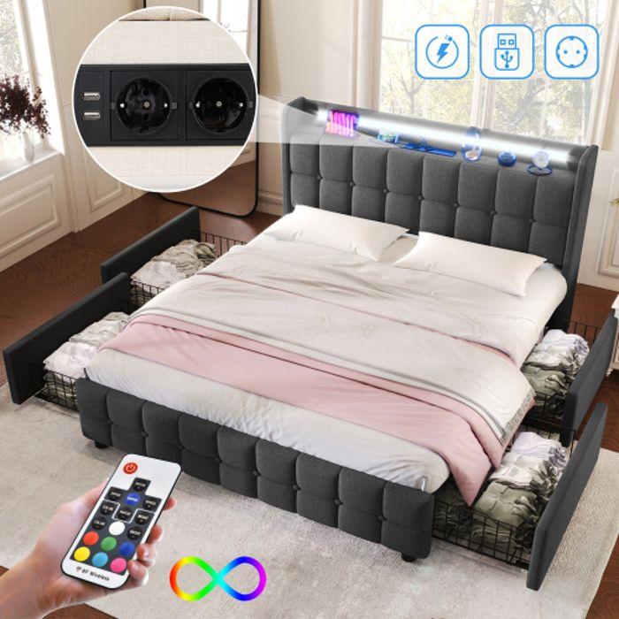 Lit - MUVOE - 140x200 cm - Rembourré avec éclairage LED - 4 tiroirs - Matelas inclus