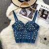 Summer Women Sexy Spaghetti Strap Club Denim Camisole Bra Luxury Beading Pearl Polo Dance Slim Shapewear