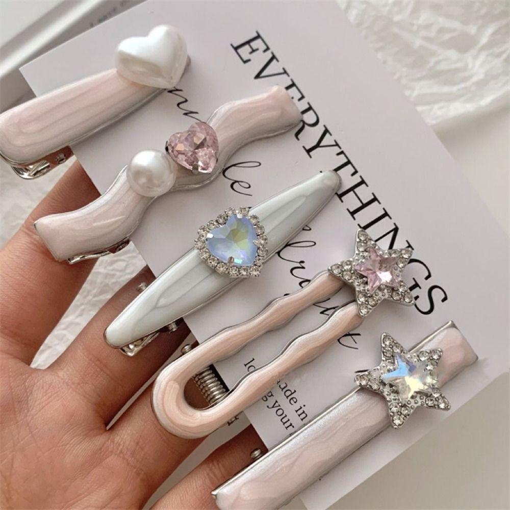 5Pcs/Set Heart Shape Hair Clips Cool Shiny Hair Accessories Trendy Barrettes  Women Girls