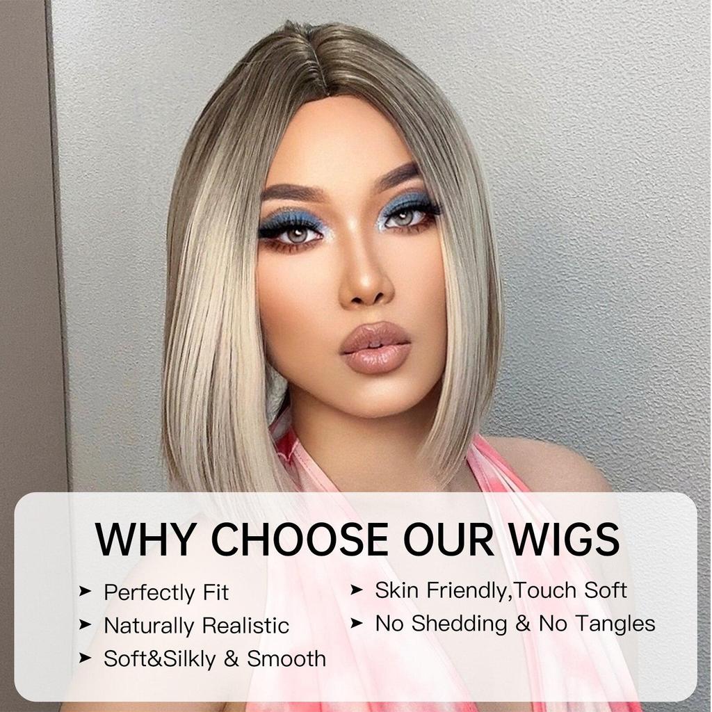 Cosplay Ombre Brown Platinum Blonde Wig Synthetic Straight Short Bob Hair Wigs for Women Natural Heat Resistant Party Daily Use