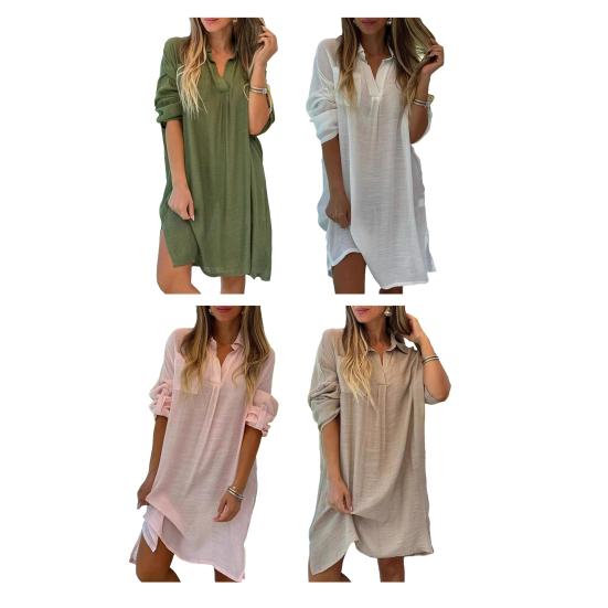 Lady Beach Shirt Dress with Cufflinks Thin Loose Side Slit Midi Dress