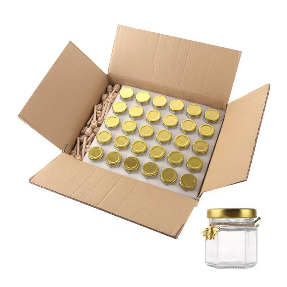 20Pcs Hexagonal Honey Glass Jars with Wood Dippers 45mL Small Glass Bottle with Lid for Baby
