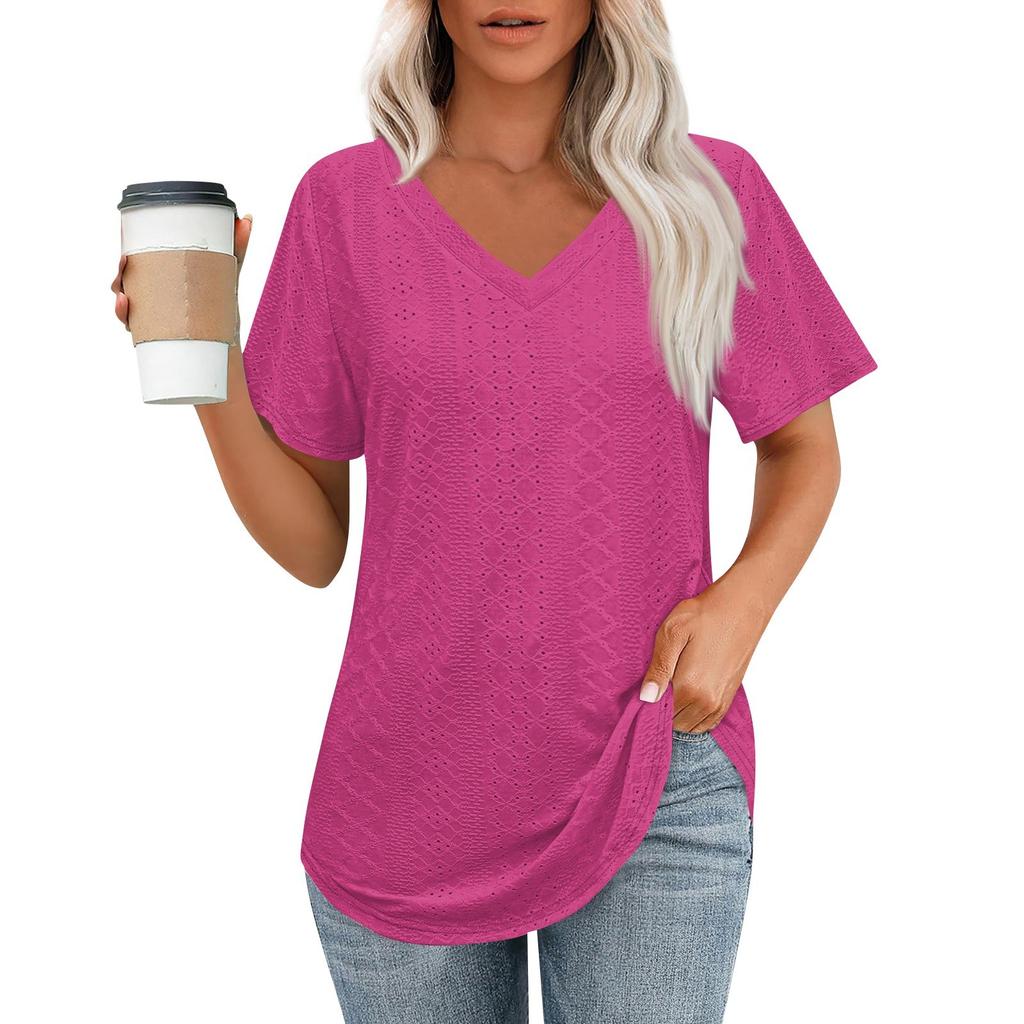 Womens T Shirts V Neck Short Sleeve Casual Tops Loose Fit Basic Tees With Curved Hem