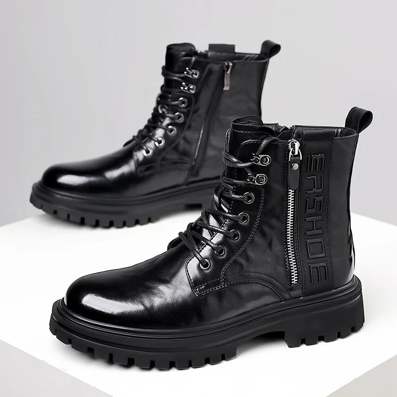 Mens Oxford Casual Shoes Punk Style Genuine Leather Motorcycle Boots High Top Versatile Classics Male Boots Warm Winter Footwear