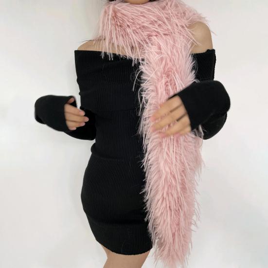 Women Long Scarf Solid Color Thickened Imitation Mink Fur Velvet Decor Scarf Warm Thin Scarf Fashion Accessory