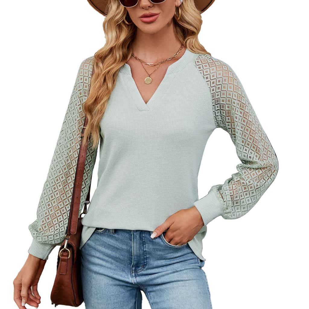 JKAASHDK Women's Fashion Casual Lace Print Summer Spring Long Sleeve V-Neck Pullovers Blouses & Shirts