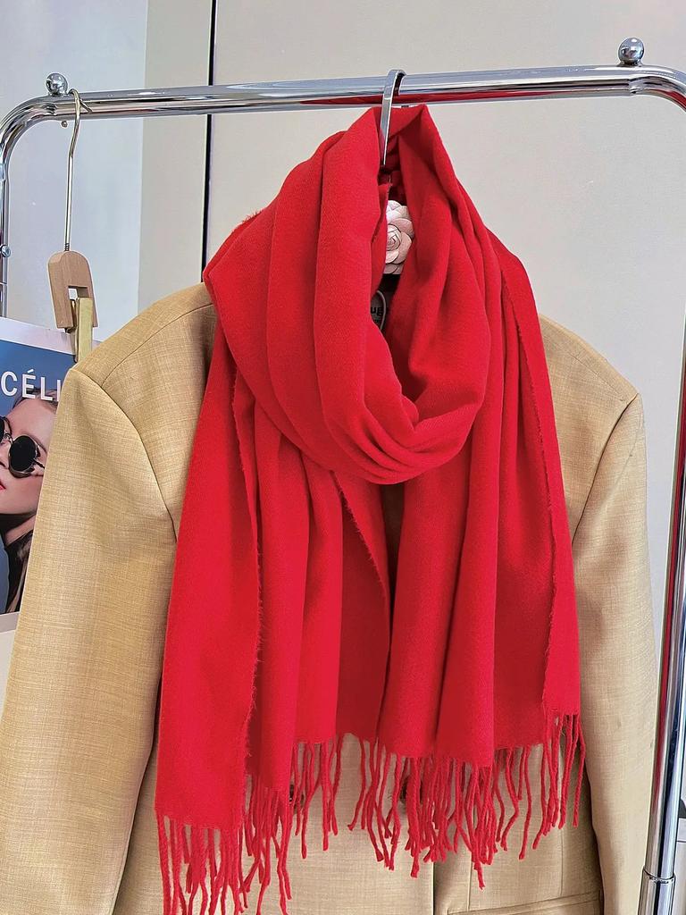 Versatile Fringed Solid Color Wool-Like Scarf For Women 2023 New Autumn Winter Prom Red Scarf Wholesale Warm Shawl