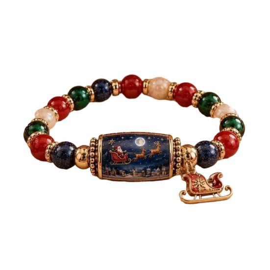 Metal Pendant Bracelets Christmas Story Beaded Bracelet, Bracelet with Santa Reindeer Snowman House Candy Comfortable Elastic Cane Tree Pattern,