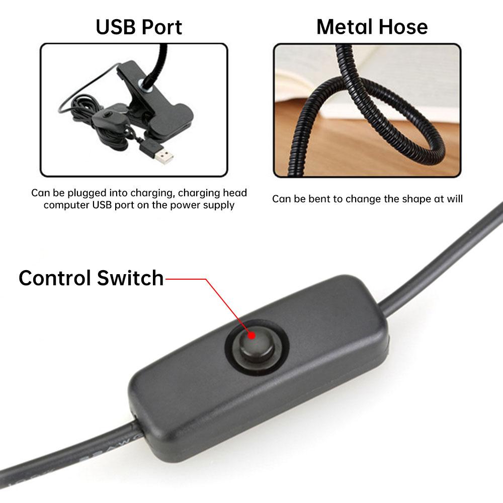 LED Desk Computer Lamp USB Clip On Light Flexible Gooseneck Clip Book Light for Bedside Lighting Reading Lamp White Light 6500K