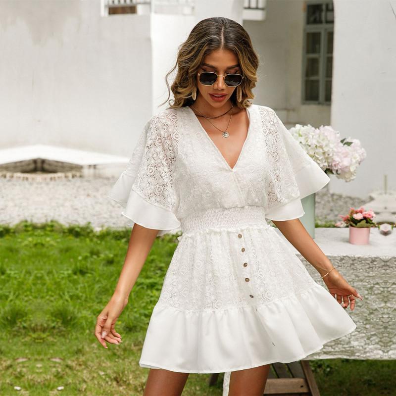White Lace Tunic Sexy Deep V Neck Button Bikini Cover-ups Women Clothes 2022 Summer Sexy Ruffles Long Sleeves Mini Dress A1132
