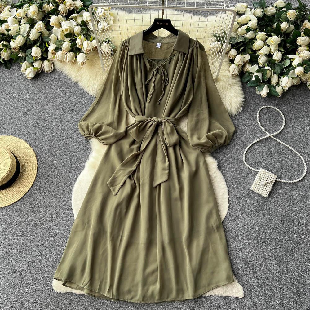 Французские шикарные платья макси для женщин с отложным воротником и рукавами-фонариками, женское летнее платье на шнуровке, женское летнее платье трапециевидной формы, Прямая поставка