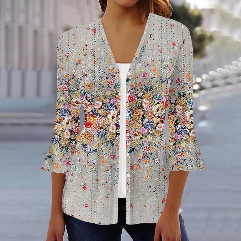 Women's Fashion Loose Casual Printed Three-quarter Sleeve Button Shirt Cardigan Top