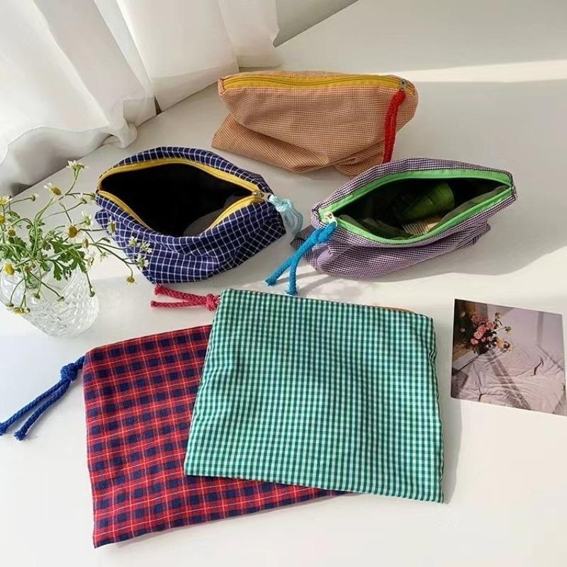 Plaid Makeup Bag Large Capacity Cotton Zipper Pouch Travel Clutch Cosmetic Organizer Storage for Women Girls