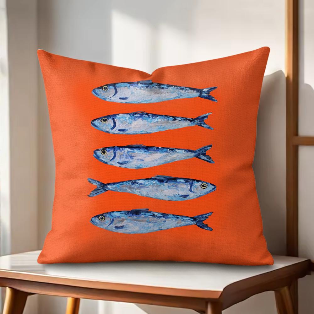 Sardines Art Cushion Cover Natural Linen Organic Fabric DoubleSided Printing Couch Pillow Covers Home Decor