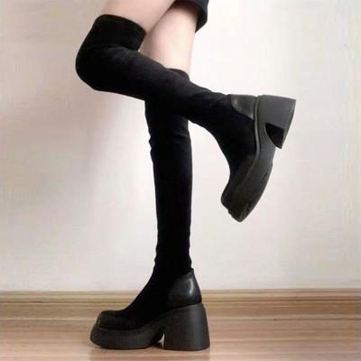 Черные замшевые эластичные сапоги Женские зимние новые сапоги на толстой подошве и каблуке выше колена Сапоги-скинни Сапоги-носки Длинные сапоги