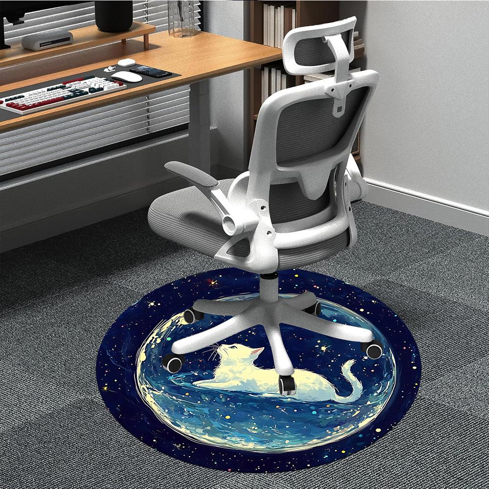 1PC Cosmic Cat Pattern Office Round Area Rug, Mat Suitable For Office, Under Office Chairs Bedroom Living Room Home Decor, Room Deco