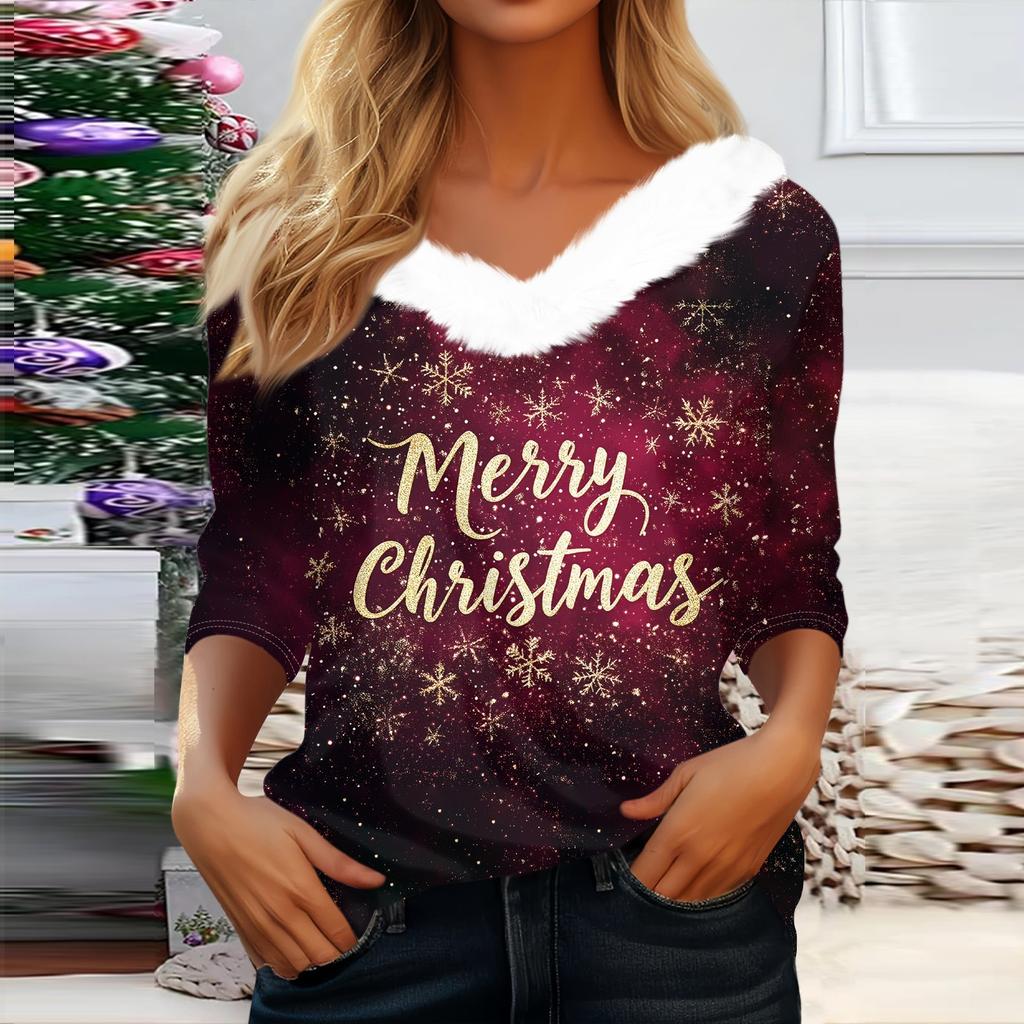 Рубашки с рукавом 3/4 для женщин, рождественские футболки с графическим принтом, блузки, повседневные базовые топы на пуговицах больших размеров, пуловеры