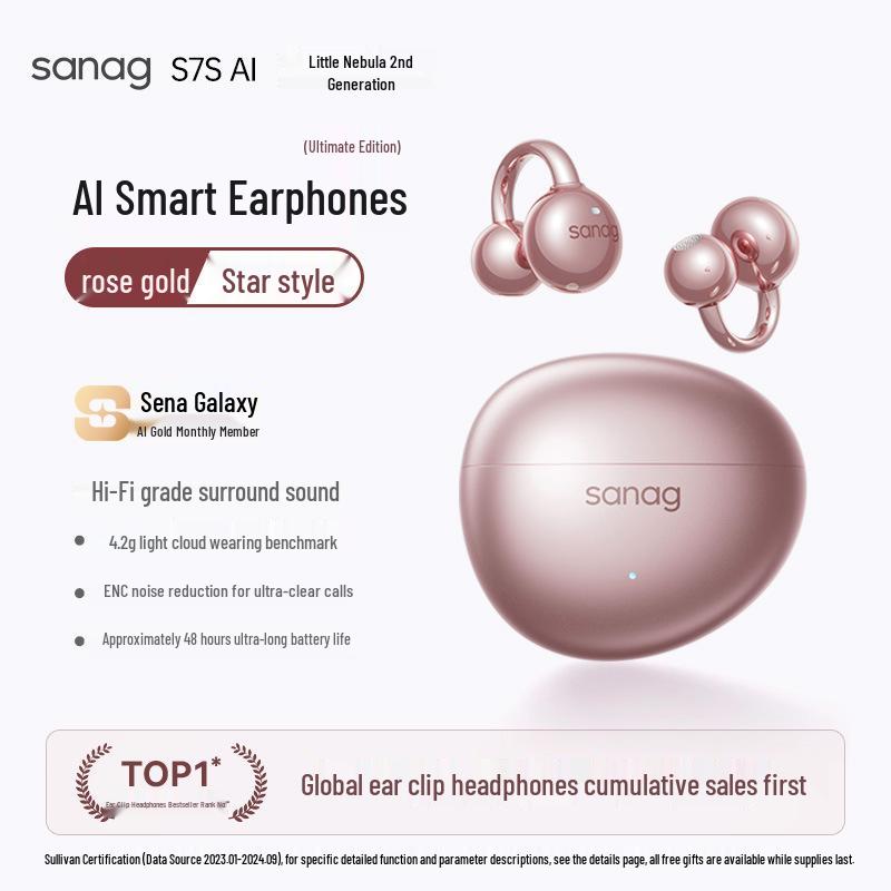 Bluetooth-наушники-клипсы Sanag S7S с ИИ-переводом и костной проводимостью для спорта 2025 года - Открытая конструкция, не затыкающая уши