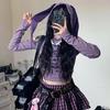 Y2k Rabbit Ears Graphic Crop T Shirts Women Harajuku Kawaii Striped Off Shoulder Hood Tops Aesthetic Goth Cute Lolita Tees