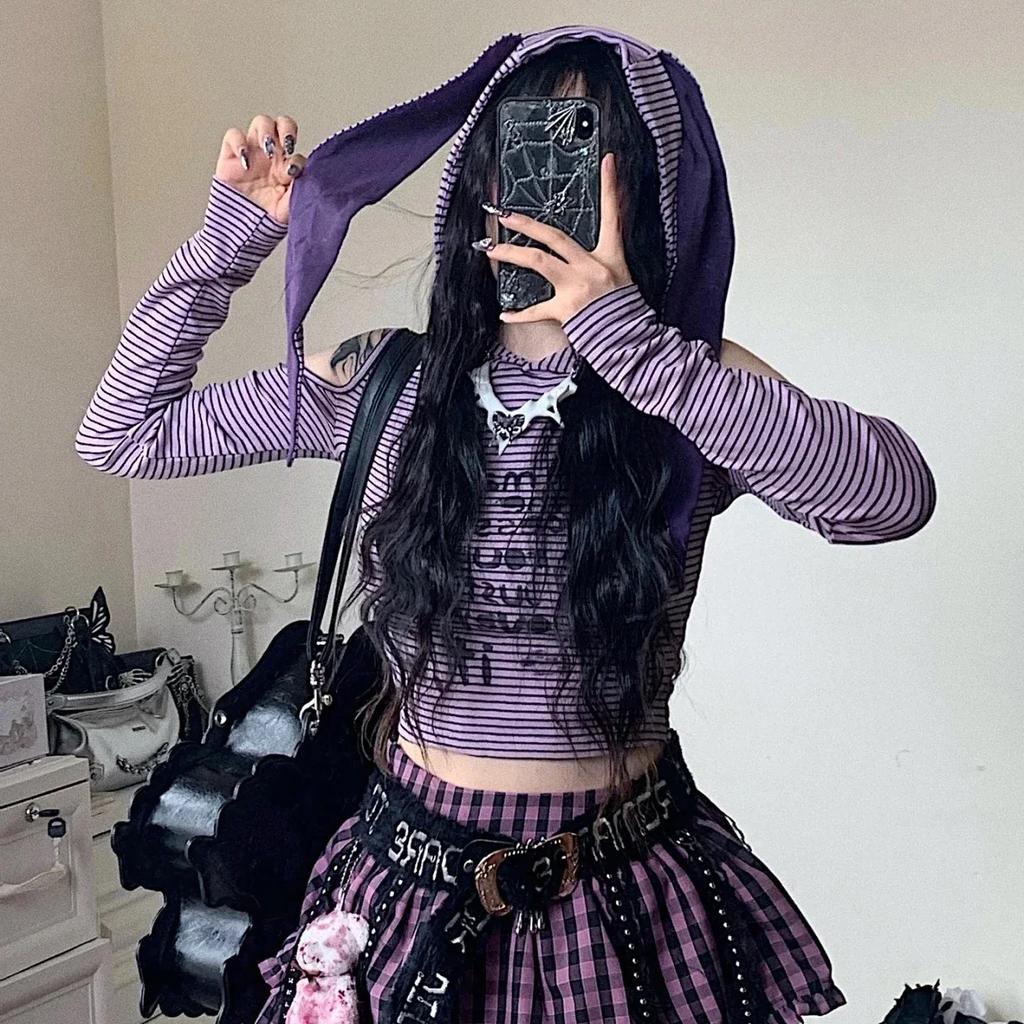 Y2k Rabbit Ears Graphic Crop T Shirts Women Harajuku Kawaii Striped Off Shoulder Hood Tops Aesthetic Goth Cute Lolita Tees