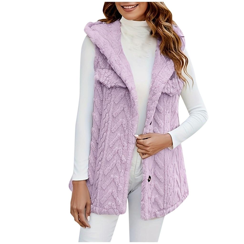 Women's Fashion Winter Plush Hooded Cardigan Mid-length Coat Vest