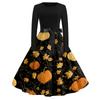 Women's Casual Long Sleeve Round Neck Dress Vintage Style Halloween Print Skater Dress with Waist Tie Belt Retro Swing Midi Dress