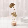 Golden Ginkgo Leaf Decoration with Wood Base Metal Feather Leaves Snowflake Figurine Statue Sculpture Home Office Living