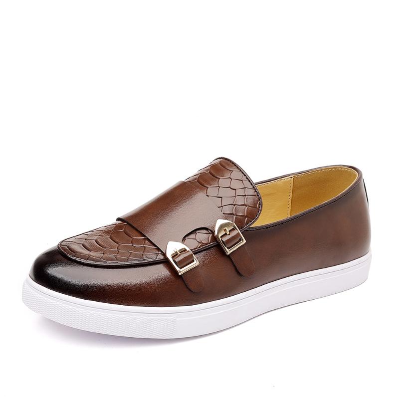 Mens Brown Crocodile Embossed Leather Monk Strap Loafers Slip On Casual Shoes With Double Buckles And White Sole For Daily Wear
