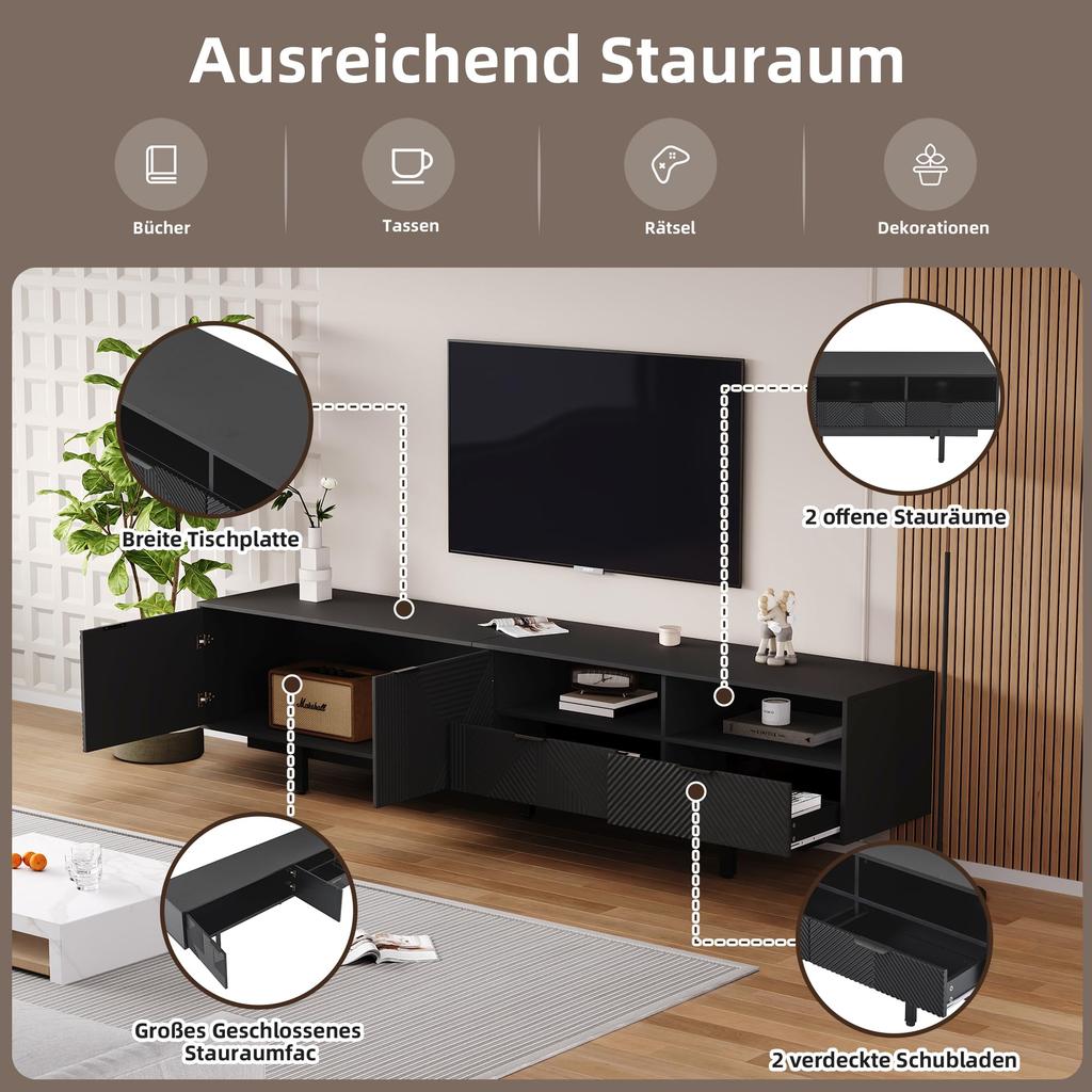 ТВ-тумба, 2 отделения 2 ящика Открытая полка, Современная низкая тумба для ТВ 90 дюймов, Богемский ТВ-стенка Сервант Гостиная и столовая, Черный