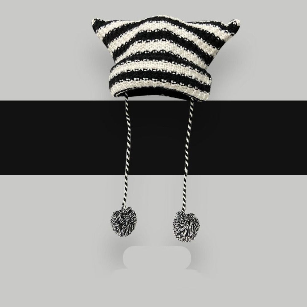 Шерстяная вязаная полосатая шапка-бини с милыми кошачьими ушками, остроконечная шапка-пуловер, вязаные шерстяные шапки, женская