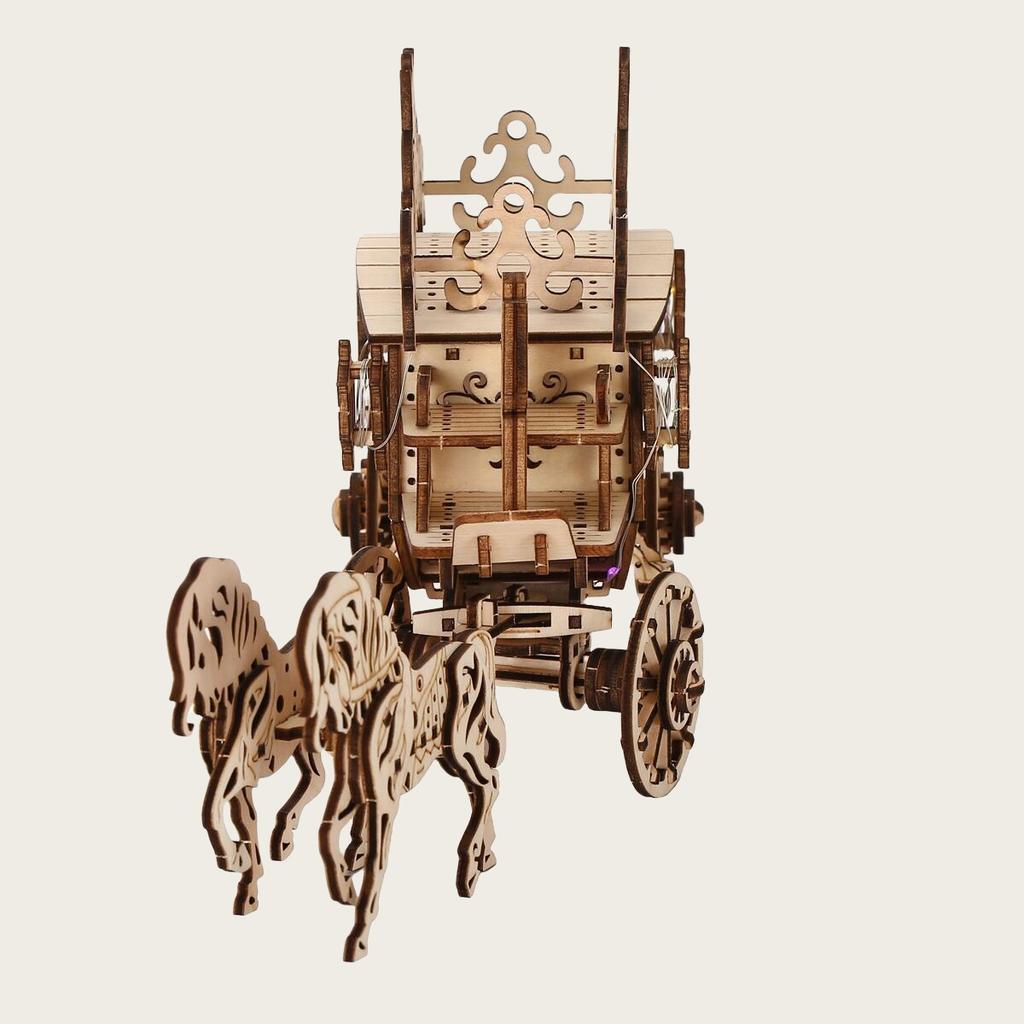 Rustic 3D Horse-Drawn Cart Assembly Kit - 3D Wooden Puzzle Diy Carriage Model, Tabletop Decor Craft With Night Light - Festive D