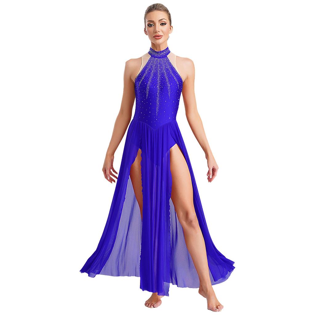Ladies Sparkling Rhinestone Dance Gown Sleeveless Keyhole Back Split Skirt Lyrical Performance Dress