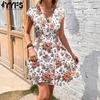 Women's Fashion Summer Spring Flower Pattern Print Short Sleeve V-Neck High Waist Casual Dresses