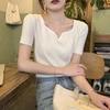 Ladies Fashion Short Sleeve V Neck Solid Color Knitted T Shirt Blouse
