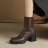 FOREADA Women Ankle Boots Square Toe Platform Block High Heels Zipper Short Boot Lady Fashion Shoes Autumn Winter Brown Black 43