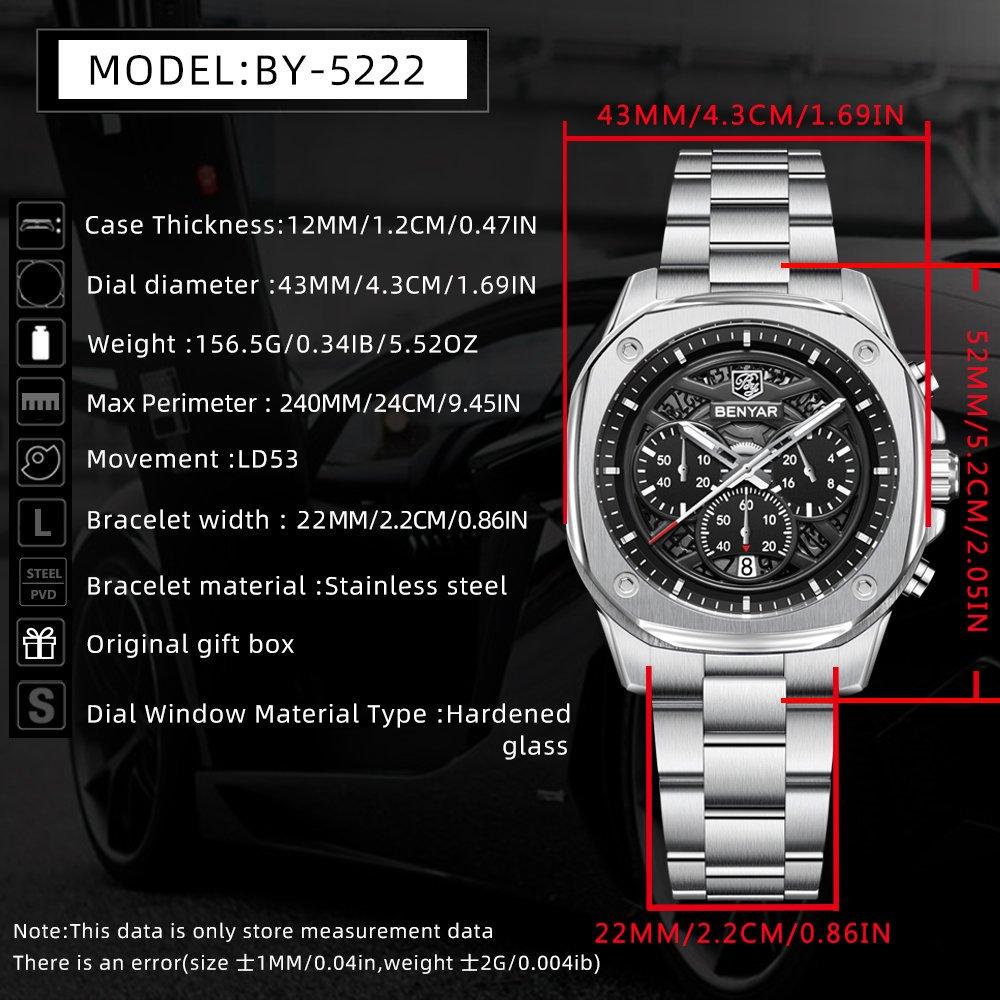 BENYAR Fashion Men Quartz Watch Stainless Steel Strap Retro Sports Watches For Man Calendar Luminous Waterproof Reloj Hombre