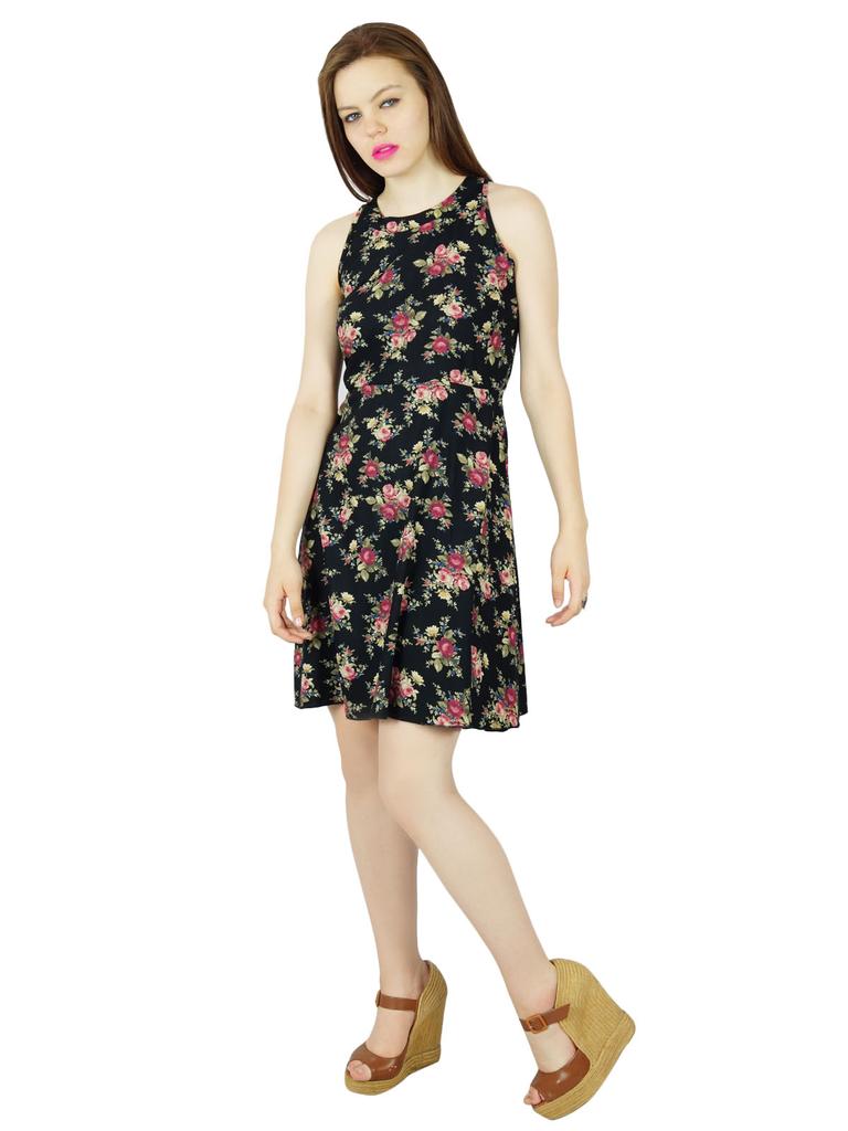 Bimba Women Black Floral Rayon Dress Sleeveless Classic Chic Summer Clothing
