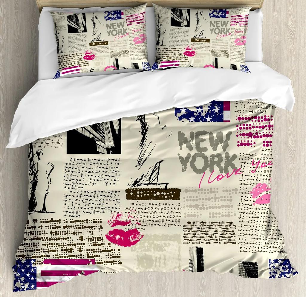 United States Duvet Cover Set Newspaper New York with Texts Lipstick Vintage Bedding Set Double Queen King Polyester Qulit Cover