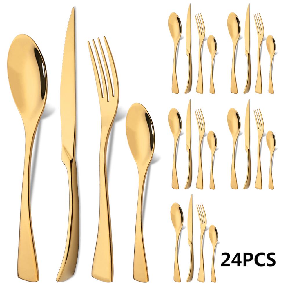 24Pcs Black Dinnerware 18/10 Stainless Steel Flatware Set Steak Knife Fork Spoon Teaspoon Cutlery Set Food Tableware Silverware