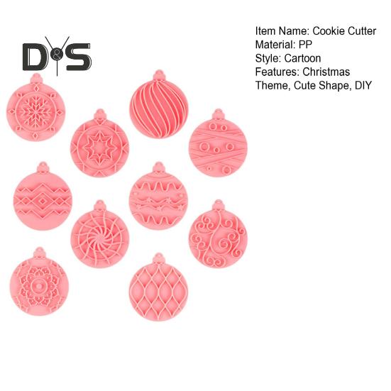 10 stks/set Kerstbal Cookie Cutter Mold Food Grade PP Vaatwasmachinebestendig Druk DIY 3D Fondant Cookie Maker Mold Keuken Bakken Tools