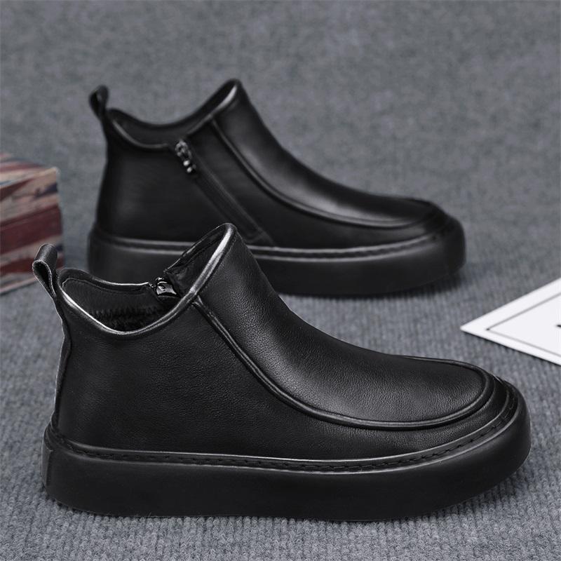 Men's Black Boots Versatile Casual Leather Boots Zipper PU Flat Bottom Casual Walking Shoes Waterproof Men One Foot Shoes