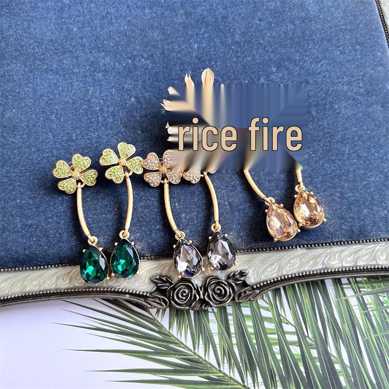 Серьги-подвески Osc Retro Gold с изогнутым крючком, в виде четырехлистного клевера и зеленого бриллианта-капли для женщин