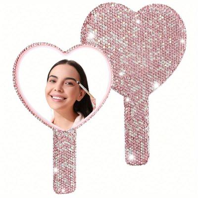 1 шт. Зеркало-сердце со стразами, ручное, розовое, блестящее, ручные зеркала с ручкой, блестящее косметическое ослепительное зеркало