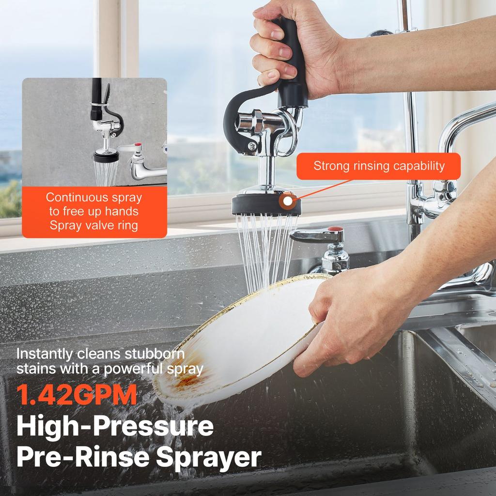 VEVOR Commercial Faucet with Pre-Rinse Sprayer, 25" (63.5 cm) Height, 8" (20.3 cm) Center, 12" (30.5 cm) Swing Spout