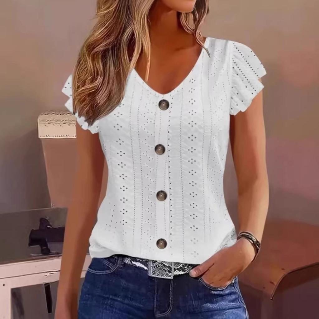 Summer new women's hollow V-neck top solid color lotus leaf sleeve casual T-shirt