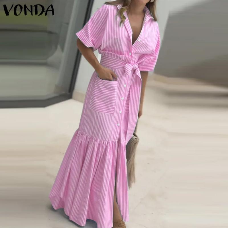VONDA Женские элегантные полосатые платья-рубашки с коротким рукавом