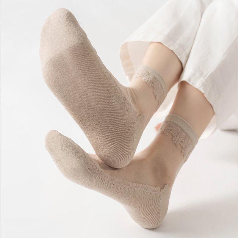 Transparent Crystal Silk Lace Sock Women Soft Comfy Sheer Silk Cotton Mesh Socks Women Ultra-thin Elastic Crystal Socks