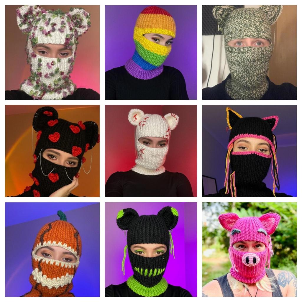 Handmade Knitted Cat Ear Pullover Hat Autumn and Winter Striped Cute Woolen Hat